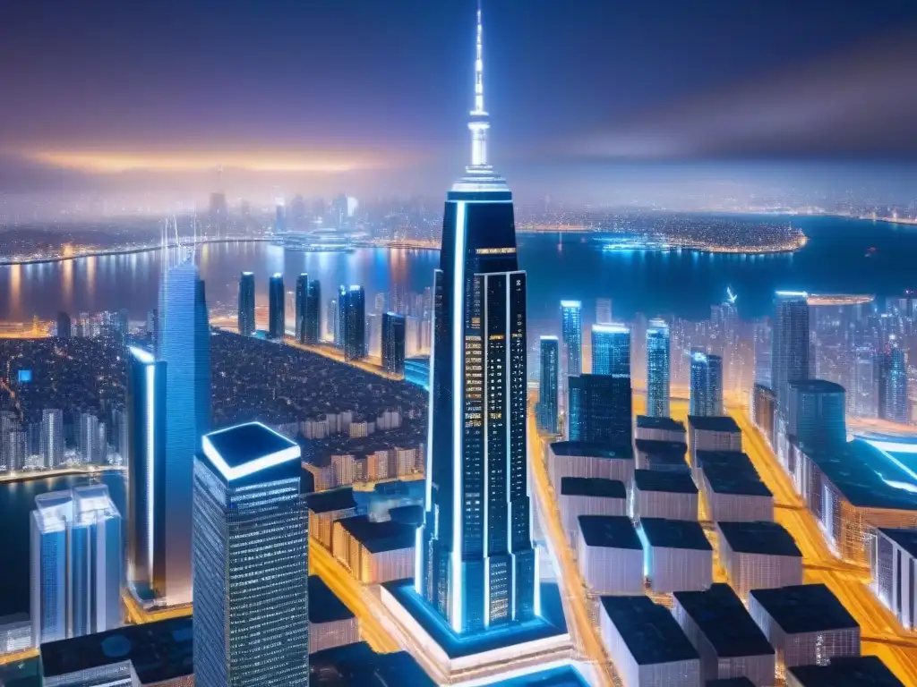 Metrópolis futurista: datos de mercado en tiempo real en rascacielos modernos Vibrante ciudad futurista de noche con gráficos de análisis de sentimiento mercado inmobiliario