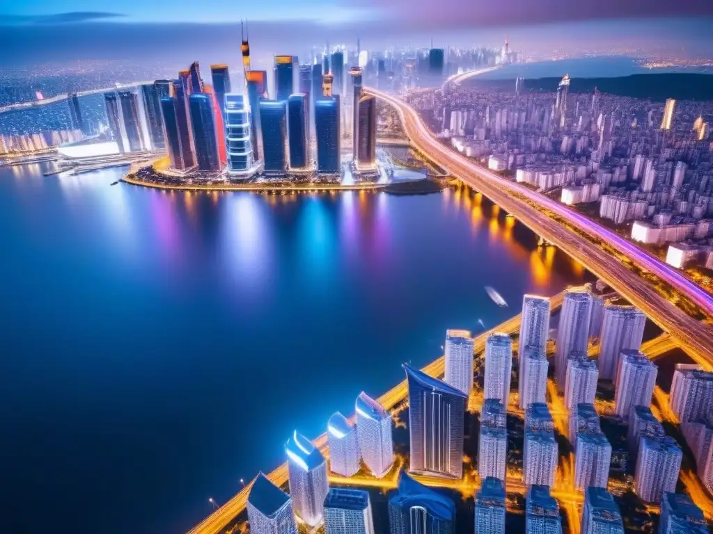 Metrópolis futurista en 8k: arquitectura innovadora y neón Vibrante ciudad futurista de noche con rascacielos iluminados por luces neón, drones y autos voladores