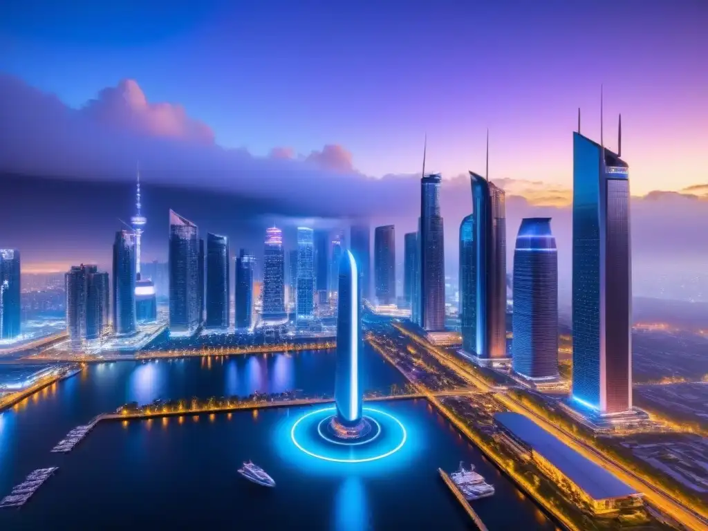 Evaluación de propiedades con tecnología AI en ciudad futurista Vibrante ciudad futurista de noche con drones de Inteligencia Artificial en evaluaciones inmobiliarias