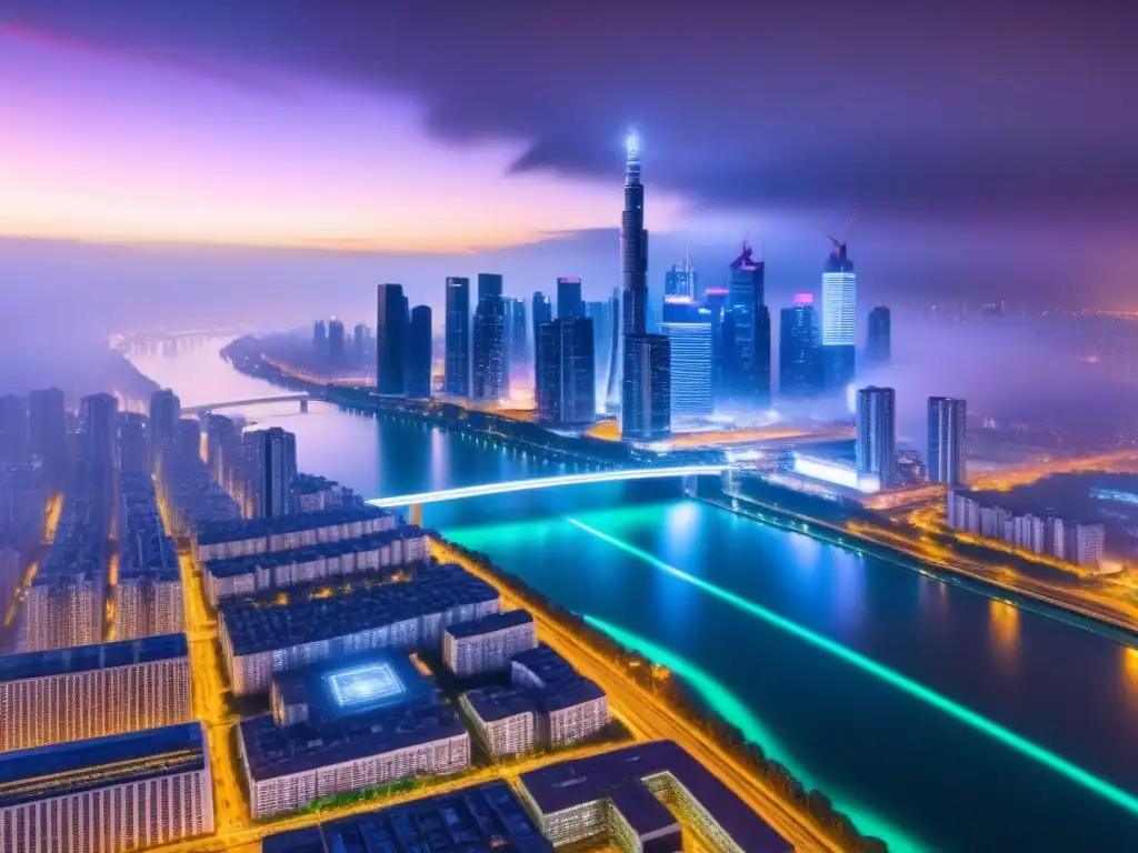 Metrópolis futurista: luces neón en modernos rascacielos Vibrante ciudad futurista de noche con rascacielos iluminados y arquitectura sostenible