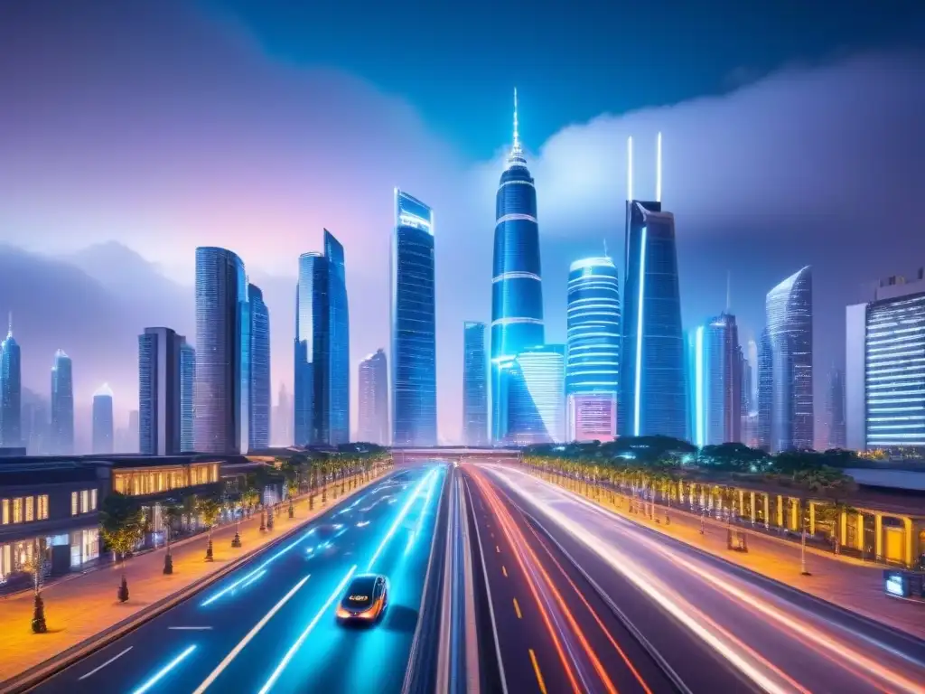 Futurista ciudad nocturna: innovación y diversidad Vibrante ciudad futurista de noche con rascacielos iluminados y alta tecnología