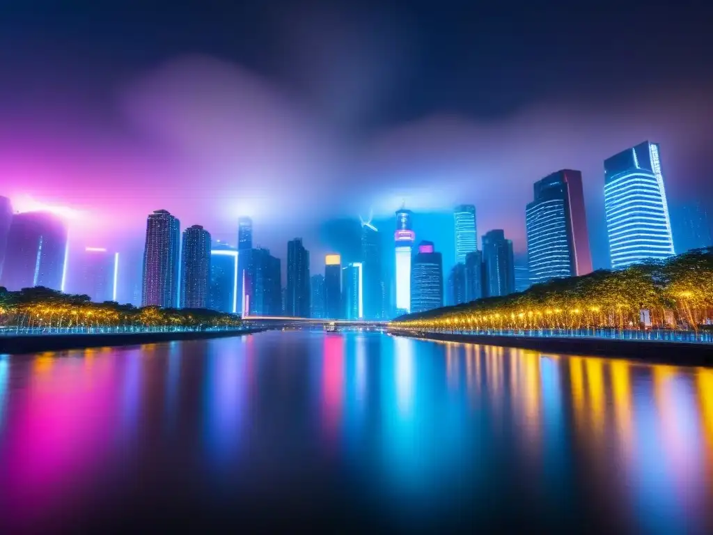 Metrópolis futurista: luces de neon en río nocturno Vibrante ciudad futurista de noche, con rascacielos iluminados por neones, reflejándose en un río tranquilo