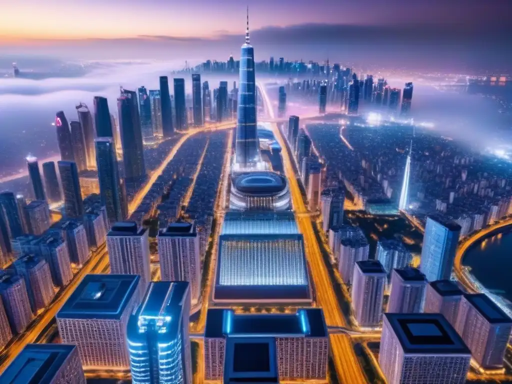 Metrópolis futurista: luces y progreso en la noche Vibrante ciudad futurista de noche, reflejo del desarrollo inmobiliario internacional generaciones