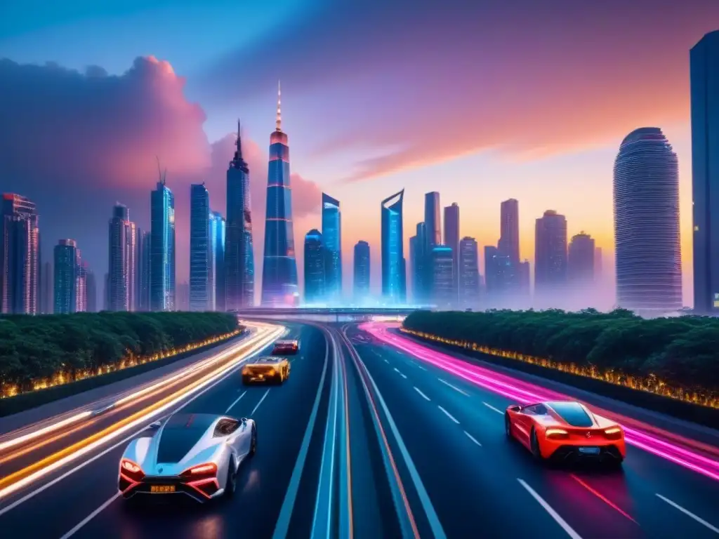Metrópolis futurista de lujo: inversión inmobiliaria internacional Vibrante ciudad futurista de noche
