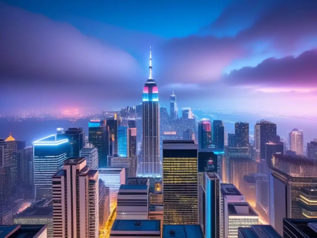 Metrópolis futurista: luces neón en la noche Vibrante ciudad futurista de noche con rascacielos iluminados por luces neón, reflejo del mercado inmobiliario internacional y la globalización