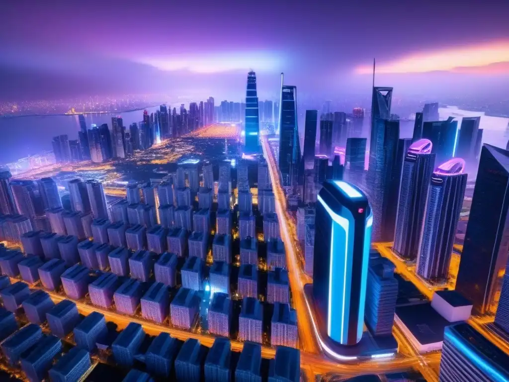 Metrópolis futurista: luces neon en rascacielos Vibrante ciudad futurista de noche con rascacielos iluminados y vehículos autónomos