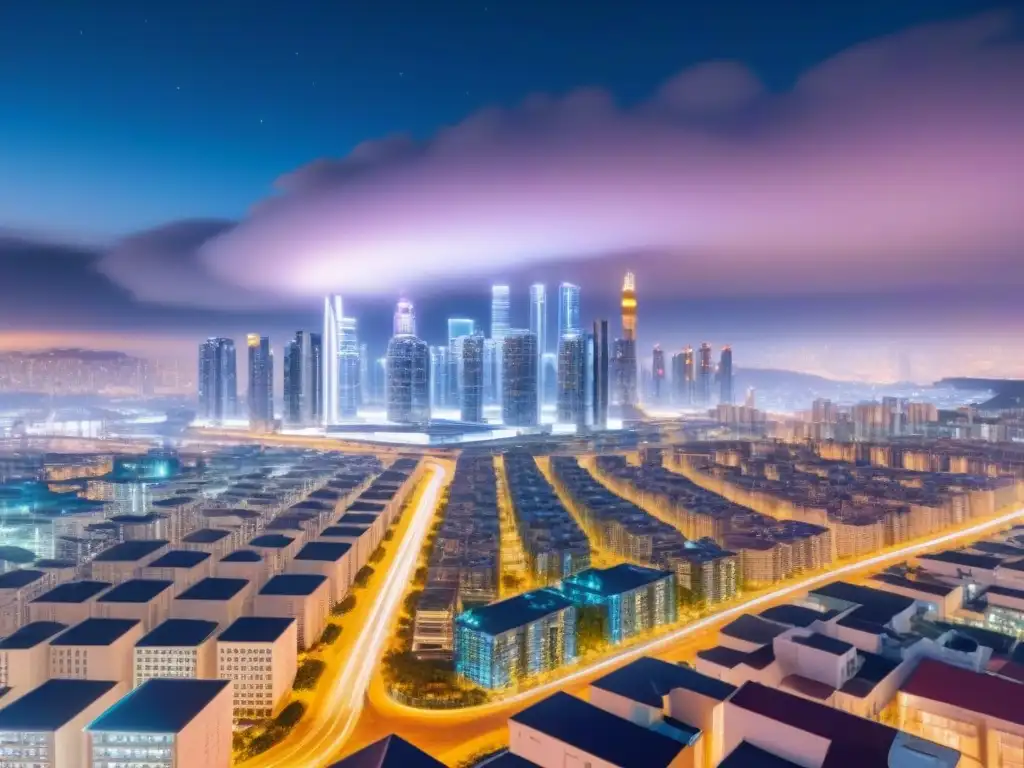 Metrópolis futurista: luces y arquitectura en la noche estrellada Vibrante ciudad futurista de noche con rascacielos iluminados bajo un cielo estrellado