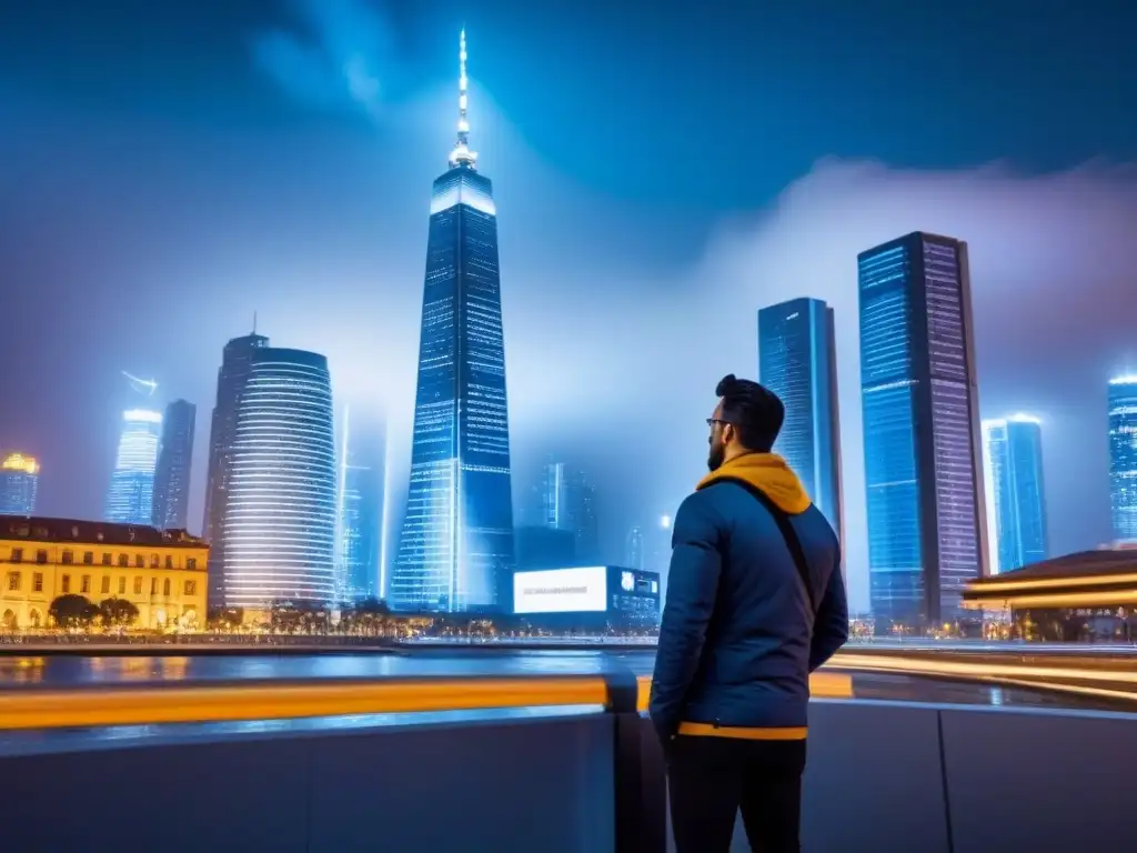 Metrópolis futurista: fusión de arquitectura tradicional y datos globales Vibrante ciudad futurista de noche con rascacielos iluminados y datos en tiempo real de inversiones inmobiliarias