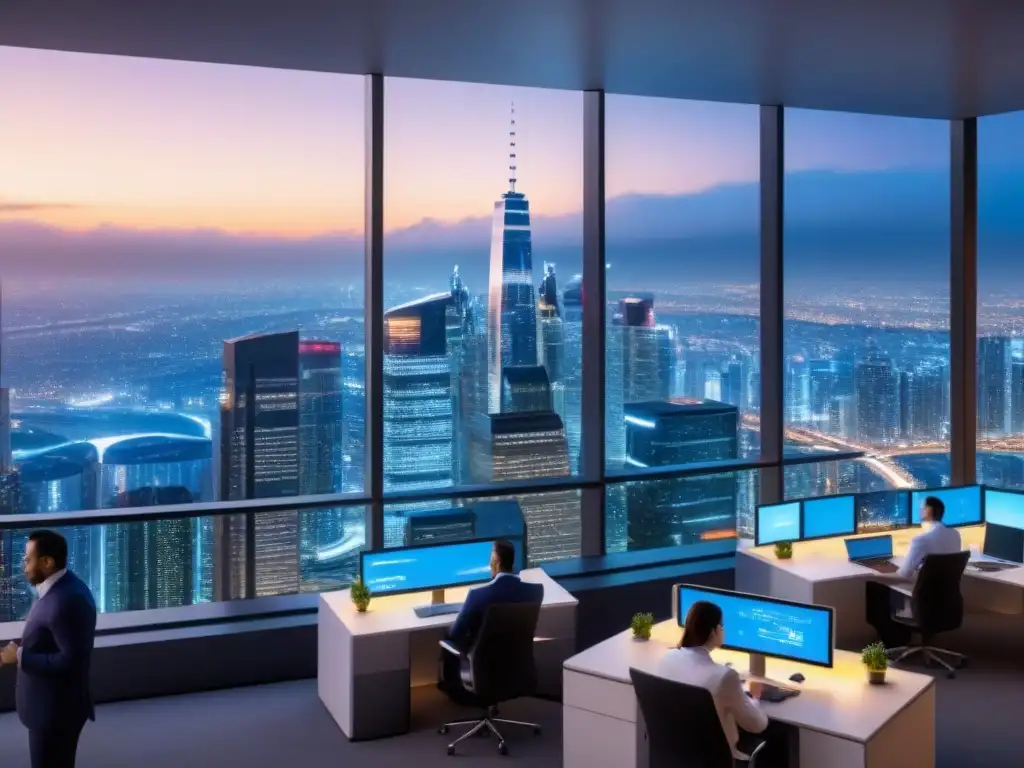 Metrópolis futurista con análisis de datos inmobiliarios en tiempo real Vibrante ciudad futurista de noche con rascacielos iluminados y datos en tiempo real sobre el mercado inmobiliario
