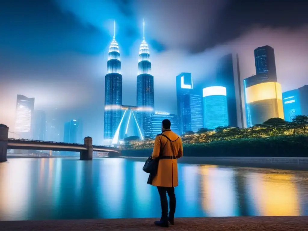 Blockchain: Futuro inmobiliario nocturno futurista Vibrante ciudad futurista de noche con rascacielos y transacciones inmobiliarias internacionales con blockchain