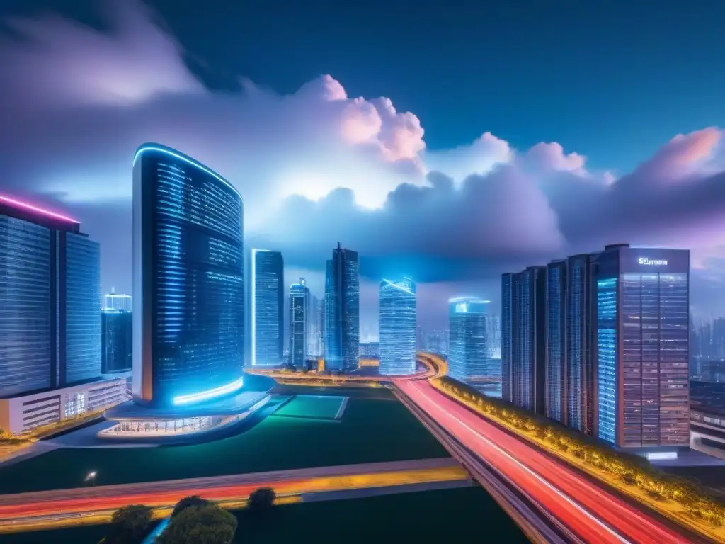 Metrópolis futurista nocturna: real estate en la nube Vibrante ciudad futurista de noche con rascacielos iluminados por luces de neón, reflejando plataformas en la nube gestión inmobiliaria