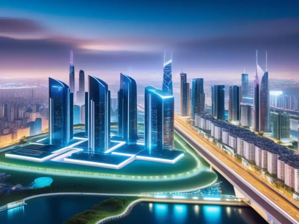 Metrópolis futurista blockchain: inversión inmobiliaria de vanguardia Vibrante ciudad futurista de noche con tecnología blockchain en inversión inmobiliaria internacional