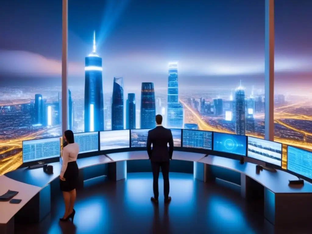 Ciudad futurista: ciberseguridad en inversión inmobiliaria Vibrante ciudad futurista de noche con ciberseguridad en inversiones inmobiliarias internacionales