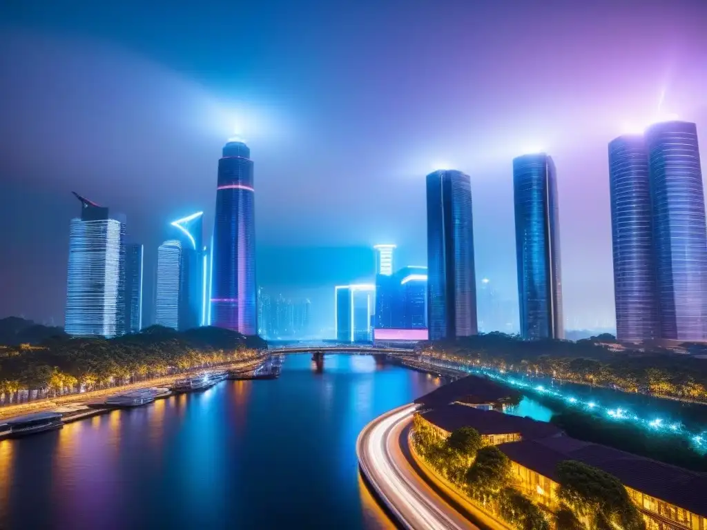 Metrópolis futurista: IA revoluciona inversiones inmobiliarias Vibrante ciudad futurista de noche con rascacielos iluminados por luces de neón, drones, autos autónomos y edificios inteligentes, simbolizando la Integración de la Inteligencia Artificial en Inversiones Inmobiliarias