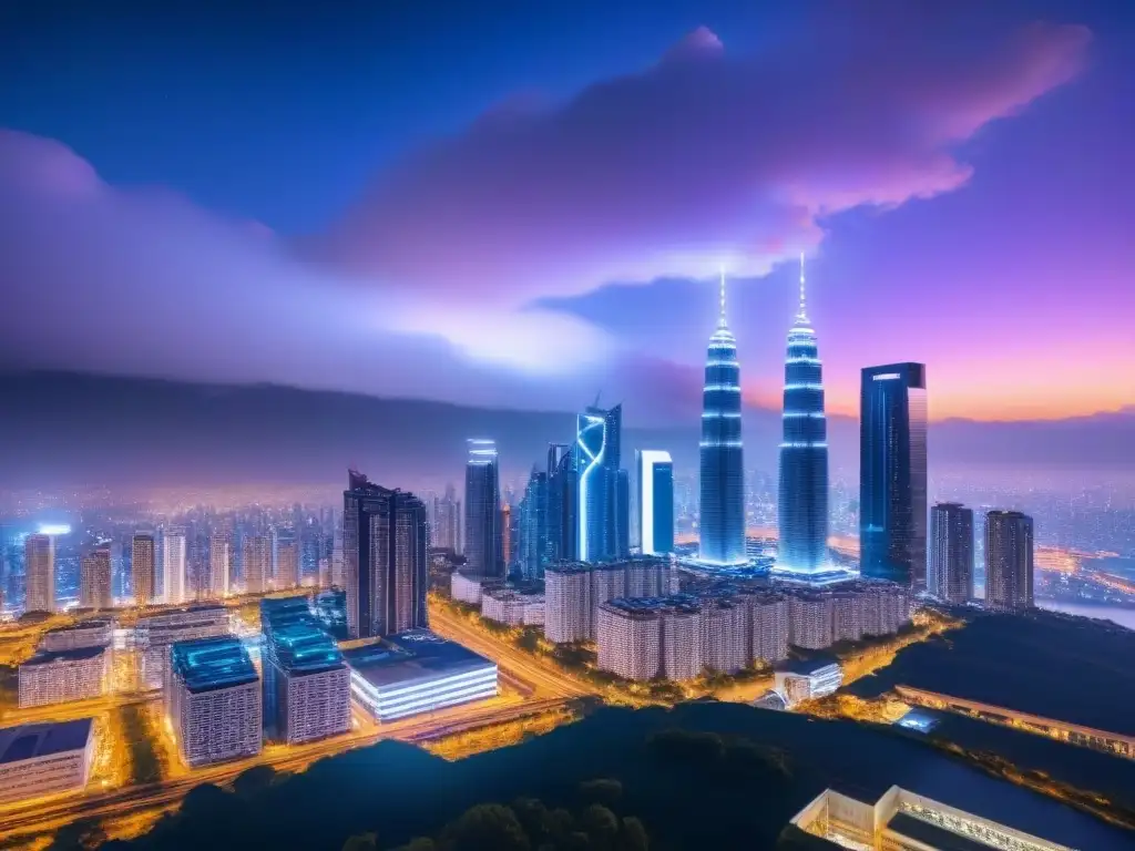 Metrópolis futurista: luces neón y tecnología en inversiones inmobiliarias Vibrante ciudad futurista de noche con rascacielos iluminados y datos brillantes, ideal para Auditoría seguridad cibernética inversiones inmobiliarias