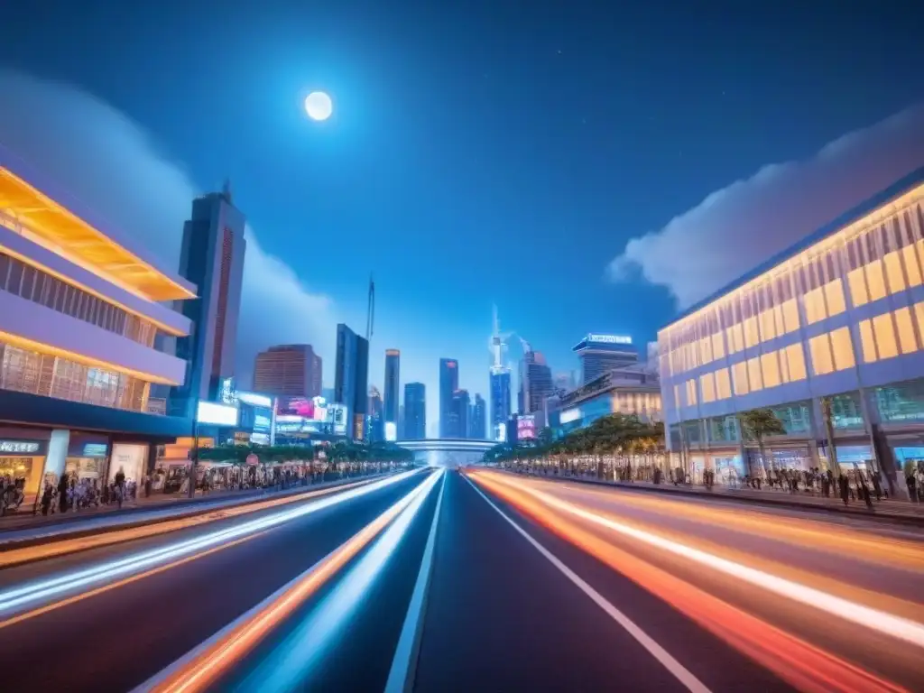 Metrópolis futurista: luces neón, rascacielos y autos voladores Vibrante ciudad futurista de noche con luces neón y avanzada arquitectura
