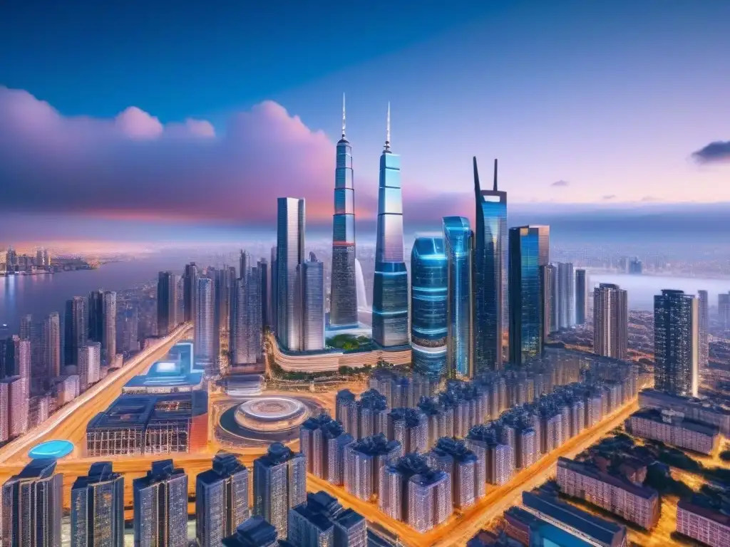 Metrópolis futurista: real estate AI en acción Vibrante ciudad futurista de noche con proyecciones holográficas, drones y arquitectura avanzada
