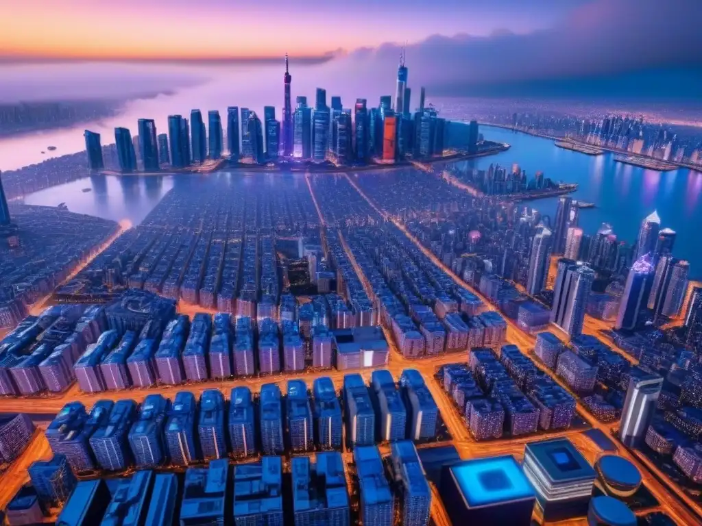 Metrópolis futurista nocturna en 8k: luces y tecnología avanzada Vibrante ciudad futurista de noche, con rascacielos iluminados y vehículos autónomos