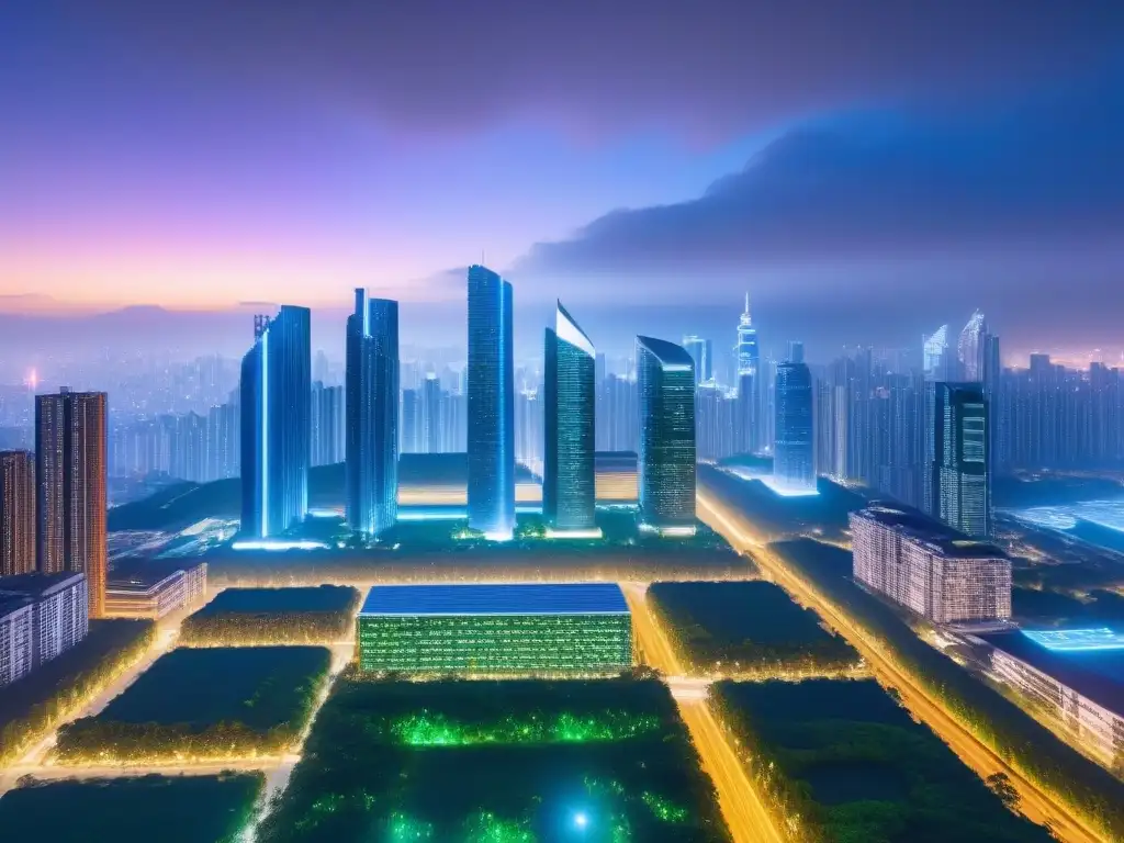 Inversión inmobiliaria: blockchain y tecnología futurista Vibrante ciudad futurista de noche, fusionando tecnología y naturaleza