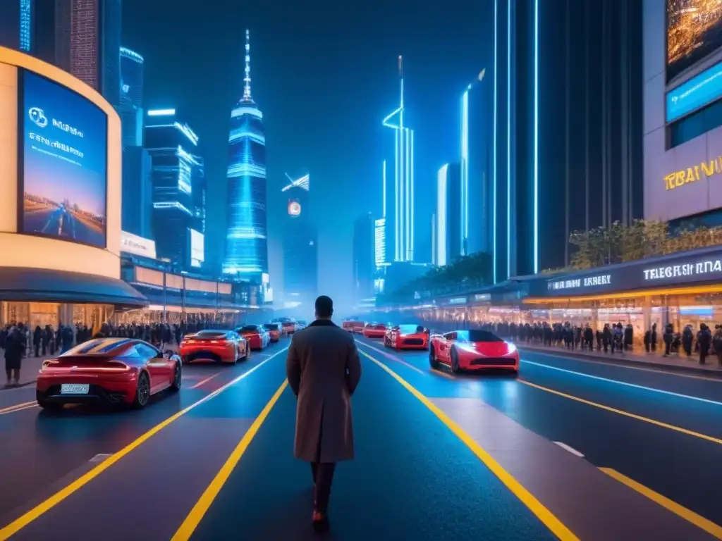Metrópolis futurista: análisis de mercado inmobiliario en tiempo real Vibrante ciudad futurista de noche con luces de neón y datos analytics del mercado inmobiliario internacional