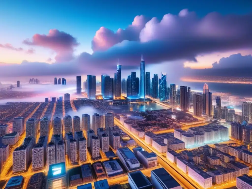 Metrópolis futurista nocturna: luces neón y alta tecnología Vibrante ciudad futurista de noche con tecnología avanzada y gestión eficiente propiedades plataformas nube