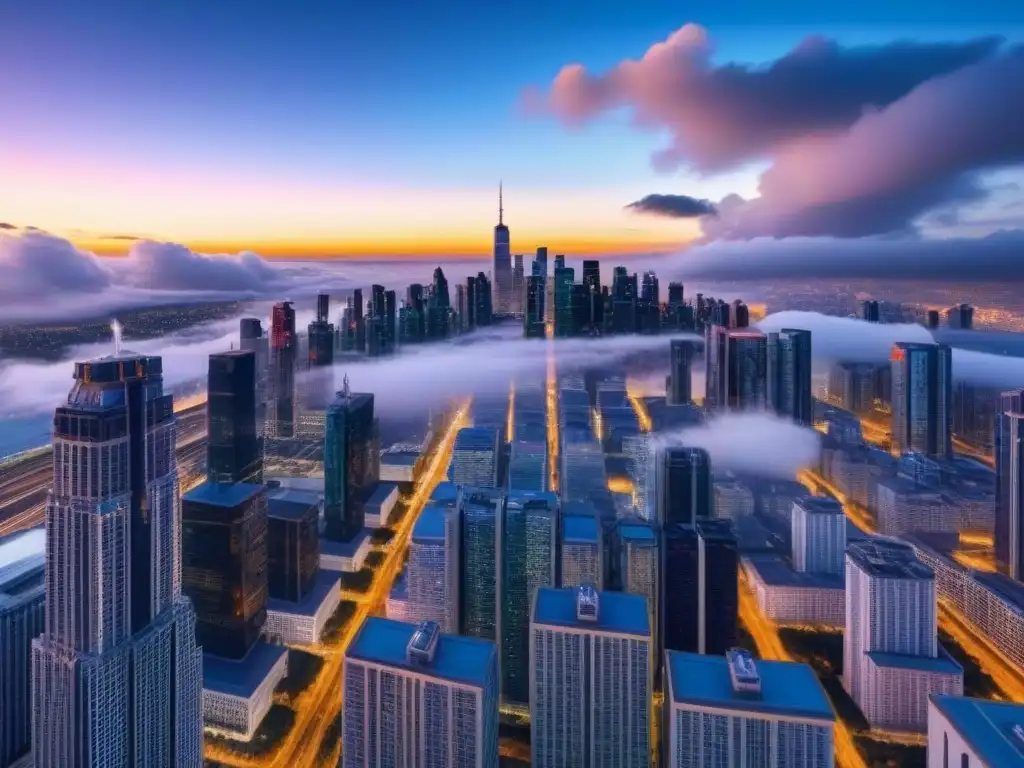 Metrópolis futurista: tecnología cloud en la ciudad nocturna Vibrante ciudad futurista de noche con rascacielos iluminados, autos voladores y pantallas holográficas