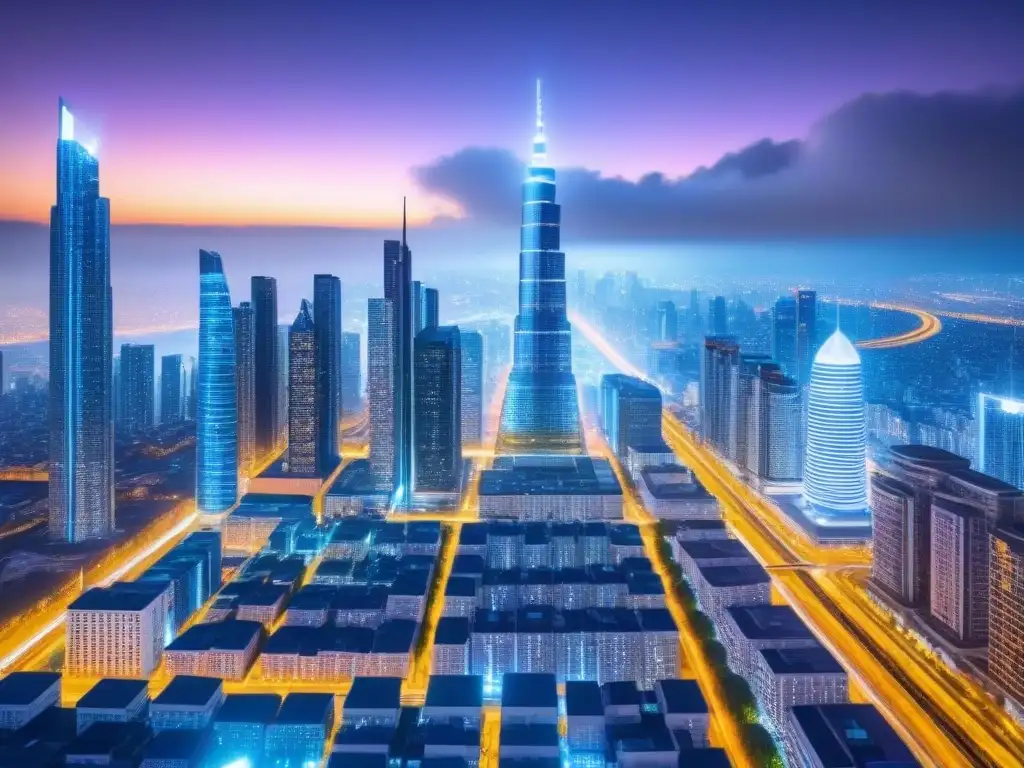 Metrópolis futurista: valoración inmobiliaria con blockchain Vibrante ciudad futurista de noche con hologramas de propiedades inmobiliarias, fusionando blockchain en valoración inmobiliaria
