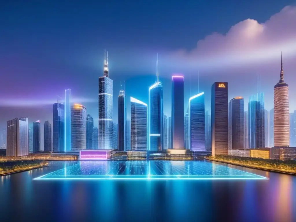 Vibrante ciudad futurista de noche con hologramas de datos inmobiliarios, reflejando predicción mercado inmobiliario inteligencia artificial