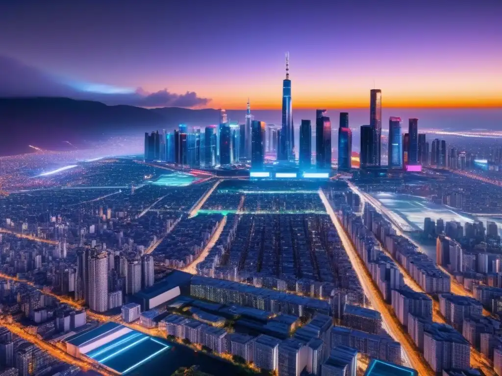 Metrópolis futurista: luces neón y tecnología avanzada Vibrante ciudad futurista de noche con IA en inversiones inmobiliarias internacionales