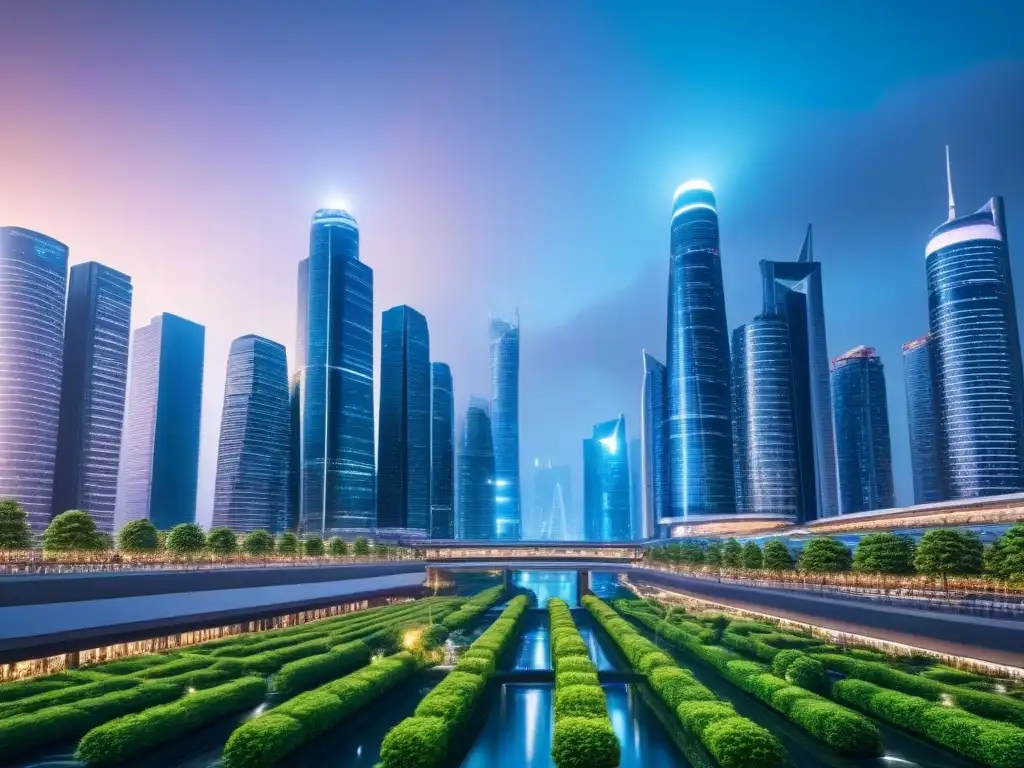Metrópolis futurista: luces, tecnología y prosperidad Vibrante ciudad futurista de noche con rascacielos, transporte avanzado y análisis predictivo mercado inmobiliario internacional