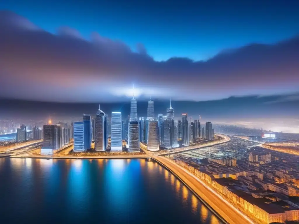 Smart city nocturna: IoT transforma real estate Vibrante ciudad futurista de noche con IoT integrado en edificios y calles iluminadas