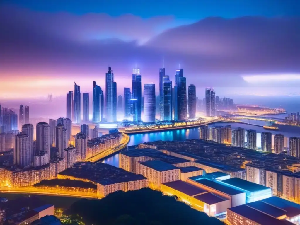 Skyline futurista nocturno: innovación en análisis predictivo inmobiliario Vibrante ciudad futurista de noche, con rascacielos iluminados por luces neón, simbolizando el análisis predictivo en el mercado inmobiliario internacional