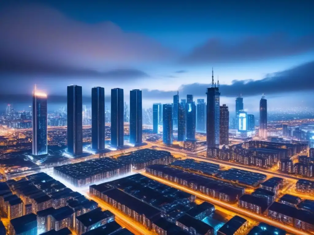 Metrópolis futurista: drones AI en acción nocturna Vibrante ciudad futurista de noche con rascacielos iluminados y drones avanzados realizando mantenimiento