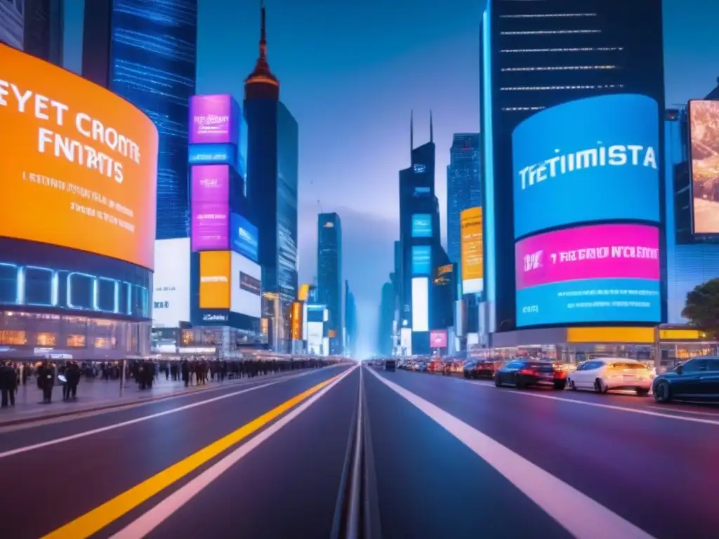 Metrópolis futurista: luces vibrantes y autos autónomos en la noche Vibrante ciudad futurista de noche con rascacielos iluminados y autos autónomos