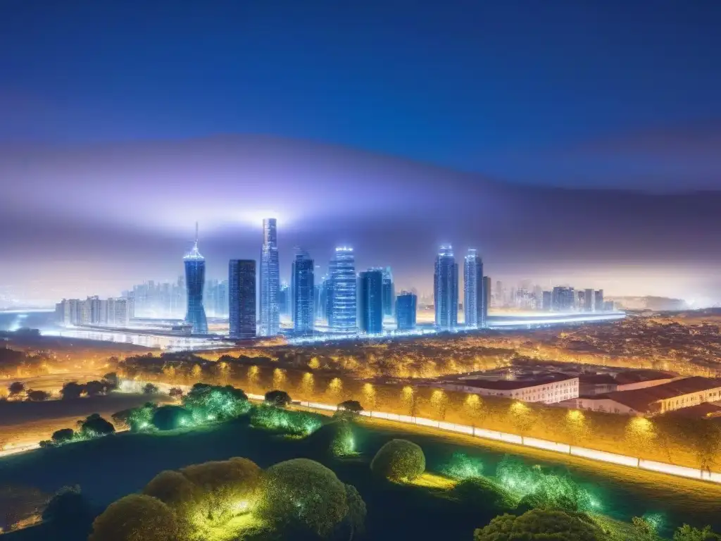 Skyline futurista: IoT revoluciona el desarrollo inmobiliario Vibrante ciudad futurista de noche con IoT en mercado inmobiliario internacional