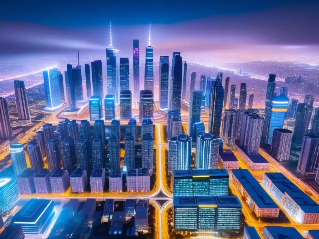 Metrópolis futurista: mercado inmobiliario digital en acción Vibrante ciudad futurista de noche con rascacielos iluminados y sistemas de transporte avanzados