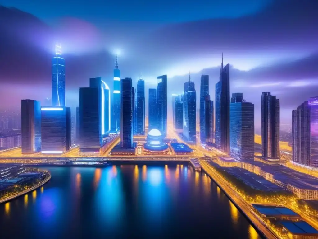 Metrópolis futurista: luces neón y Big Data Vibrante ciudad futurista de noche con rascacielos iluminados y calles llenas de vehículos autónomos