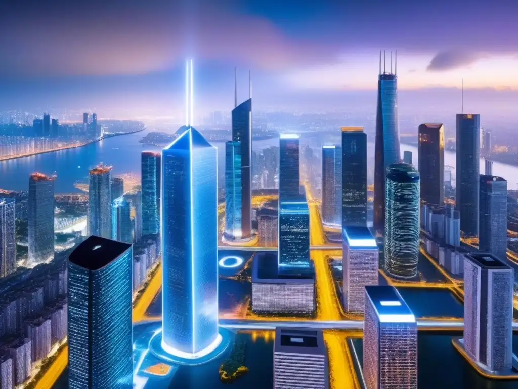 Metrópolis futurista: innovación blockchain en el mercado inmobiliario Vibrante ciudad futurista de noche con rascacielos iluminados y redes de luz, integrando Blockchain en mercado inmobiliario internacional