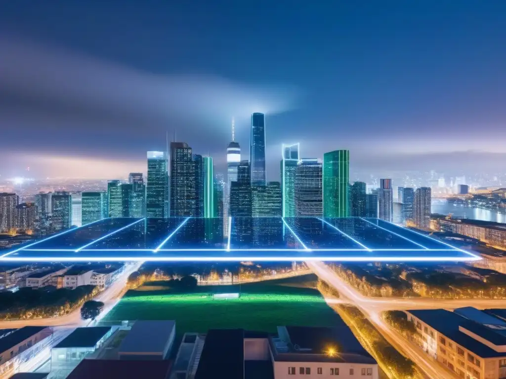 Metrópolis futurista: protección digital en el mercado inmobiliario Vibrante ciudad futurista de noche, protección contra riesgos digitales en el mercado inmobiliario