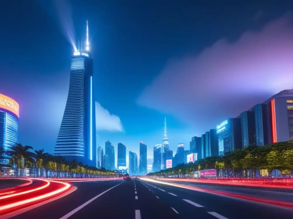 Metrópolis futurista: real estate de vanguardia Vibrante ciudad futurista de noche, con rascacielos iluminados por luces neón, destacando la marca inmobiliaria en mercado
