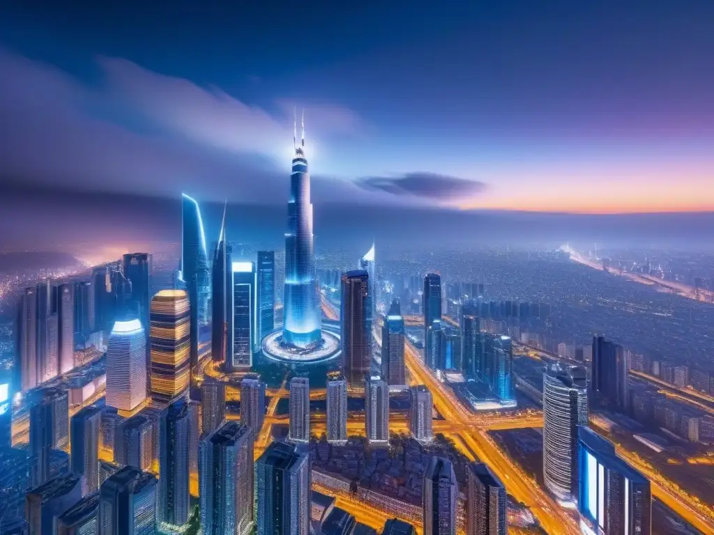 Metrópolis futurista: lujo inmobiliario internacional Vibrante ciudad futurista de noche con anuncios digitales personalizados para Marketing inmobiliario internacional personalizado