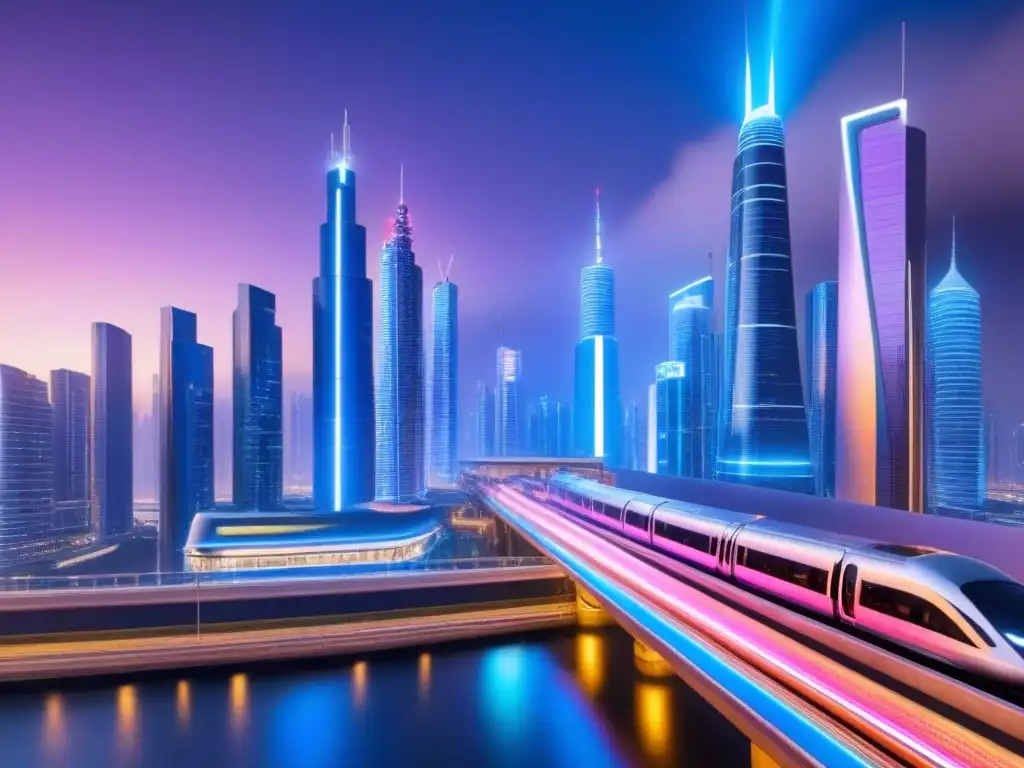 Metrópolis futurista: luces neón y trenes de alta velocidad Vibrante ciudad futurista de noche con rascacielos iluminados y trenes de alta velocidad, reflejando el SEO en mercado inmobiliario internacional