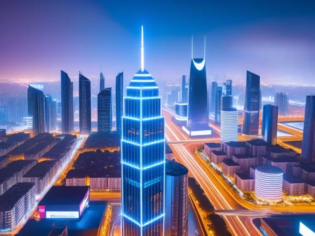 Metrópolis futurista: tecnología y bienes raíces Vibrante ciudad futurista de noche con luces de neón, rascacielos modernos y vehículos autónomos