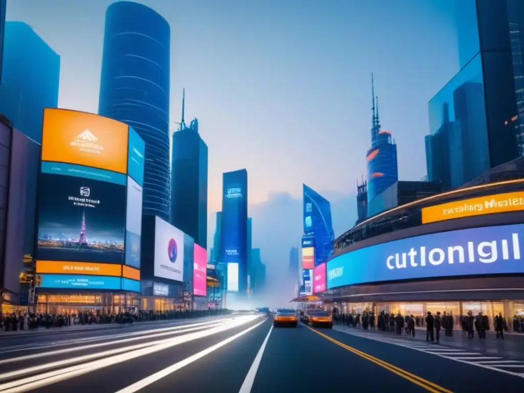 Metrópolis futurista: IA revoluciona el paisaje urbano nocturno Vibrante ciudad futurista de noche con rascacielos iluminados y tecnología AI en branding inmobiliario