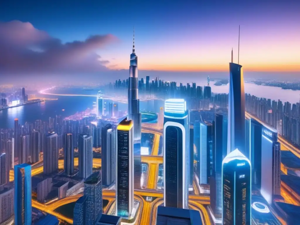 Metrópolis futurista: real estate global y tecnología de vanguardia Vibrante ciudad futurista de noche con rascacielos iluminados y publicidad inmobiliaria internacional