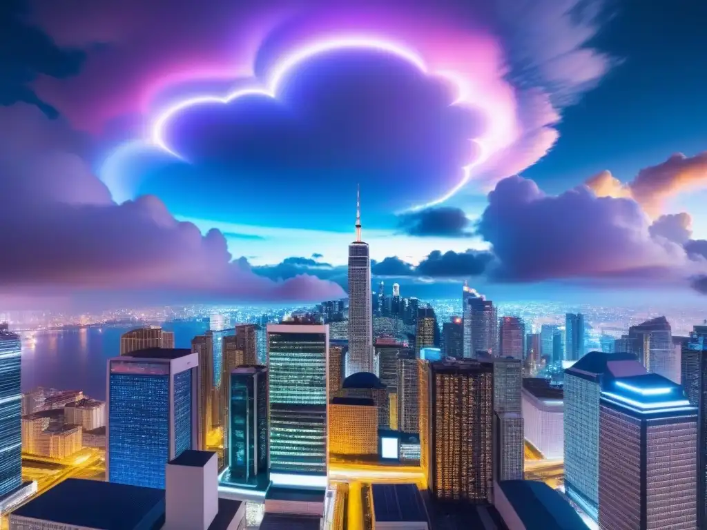 Metrópolis futurista: gestión inmobiliaria en la nube Vibrante ciudad futurista nocturna con luces neón y gestión de propiedades internacionales en la nube
