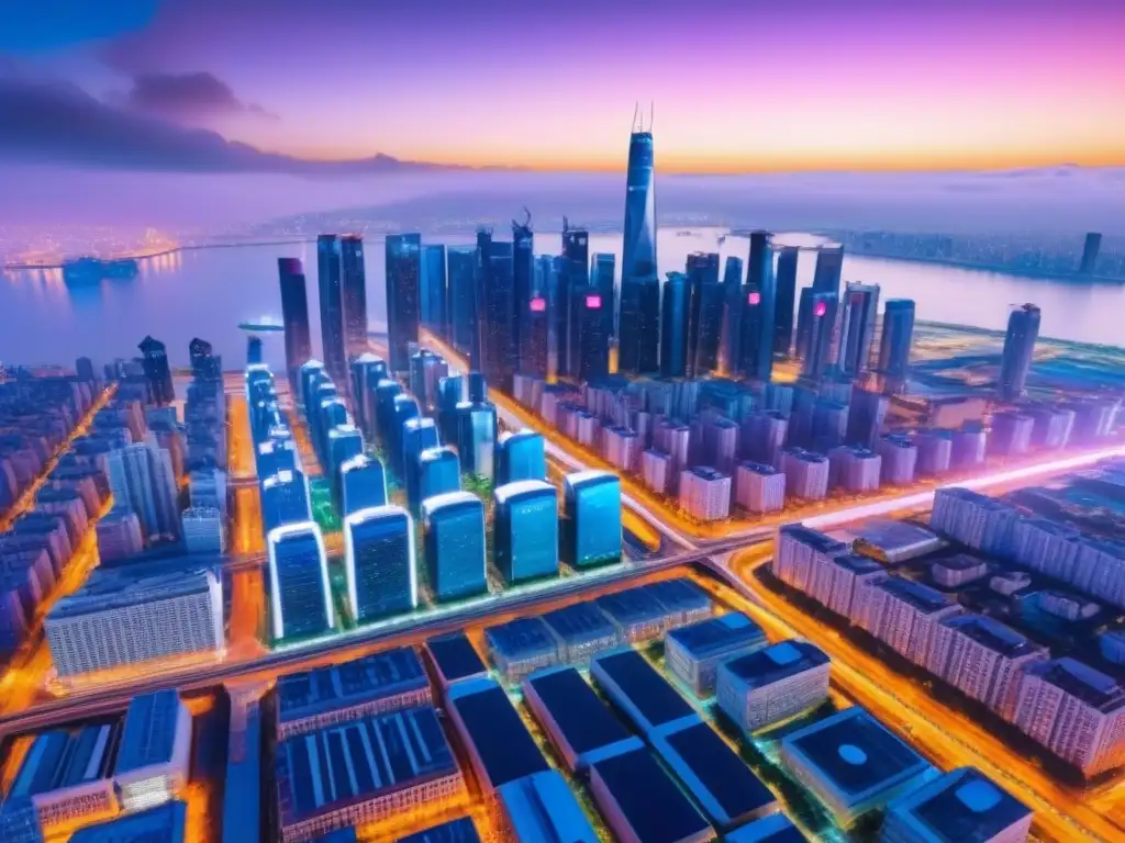 Metrópolis Futurista: IoT y Arquitectura Digital Vibrante ciudad futurista nocturna con tecnología IoT en mercado inmobiliario internacional