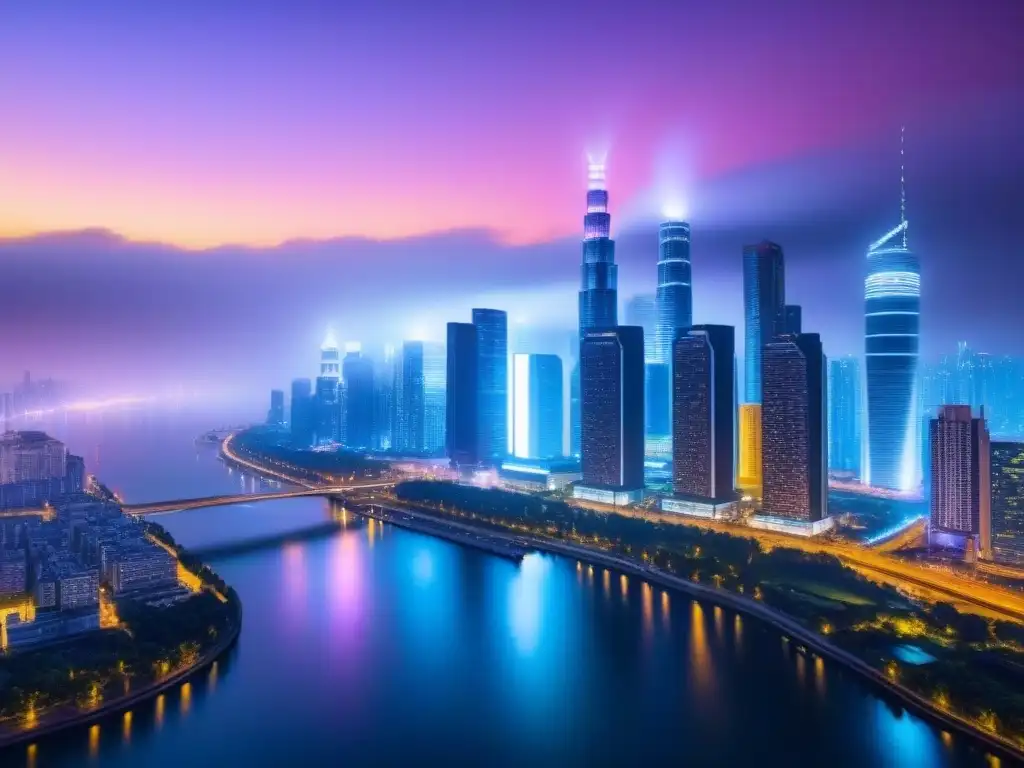 Metrópolis futurista: luces y río brillante en la noche Vibrante ciudad futurista nocturna con rascacielos iluminados y un río brillante, reflejando innovación y crecimiento económico