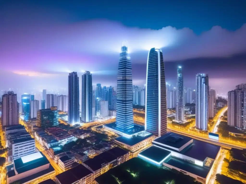 Horizonte futurista: Edificios tecnológicos en América Latina Vibrante ciudad futurista nocturna con rascacielos iluminados y datos brillantes, reflejando la tecnología en mercado inmobiliario América