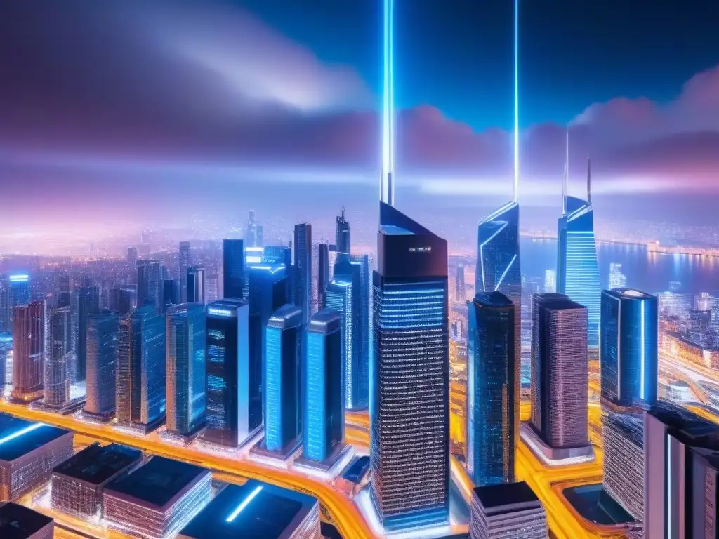 Metrópolis Futurista: Inversiones PropTech en Vivo Vibrante ciudad futurista nocturna con rascacielos y pantallas digitales mostrando datos de Inversiones PropTech mercado internacional